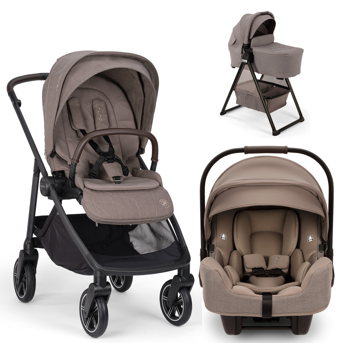 X BMW SWIV + PIPA RX + Bassinet in Umber / Cedar